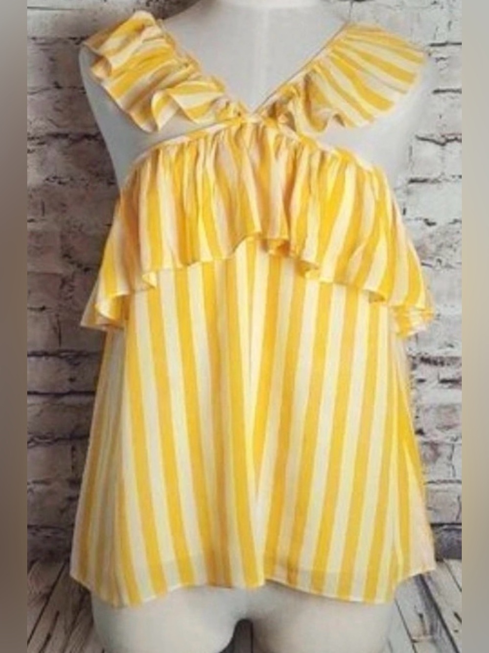 Rebecca Minkoff Yellow and White Striped Ruffle Top